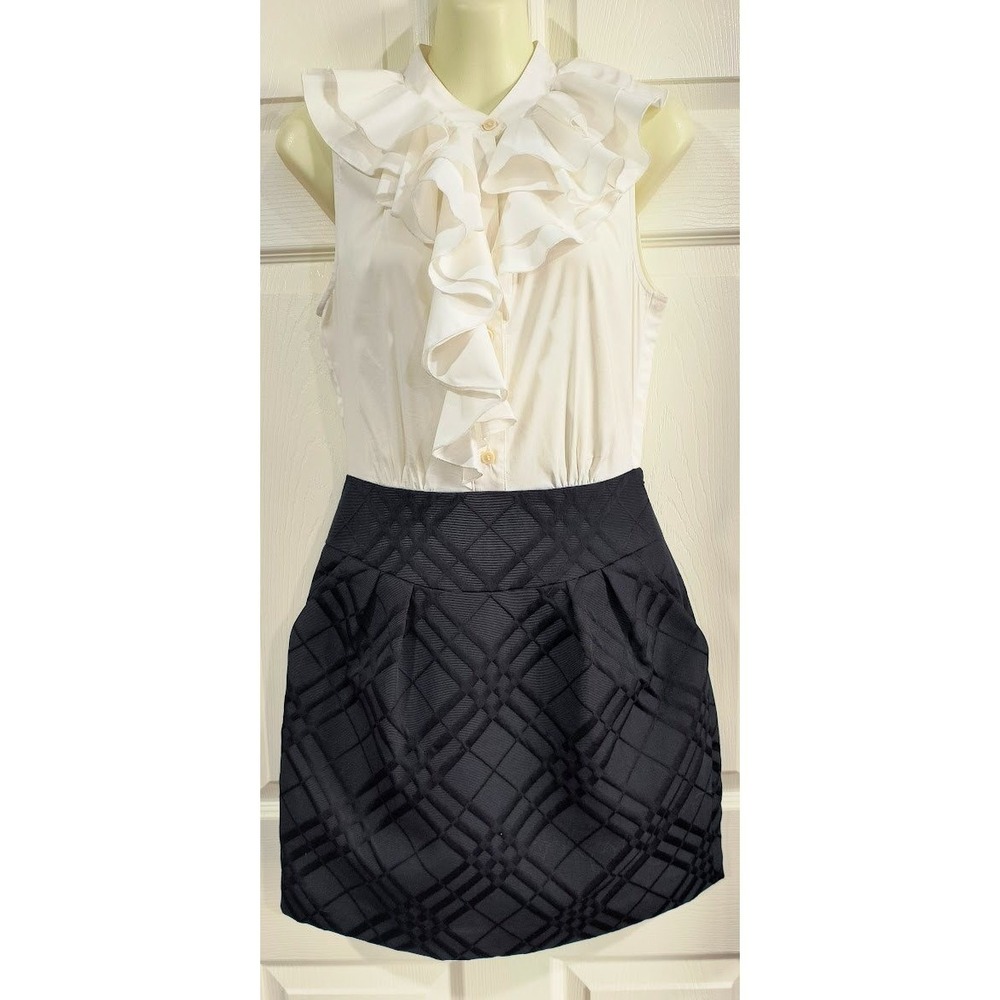BCBGMAXAZRIA Off White Ruffle Bodice Black Jacquard Skirt Mini Dress‎ Size 4